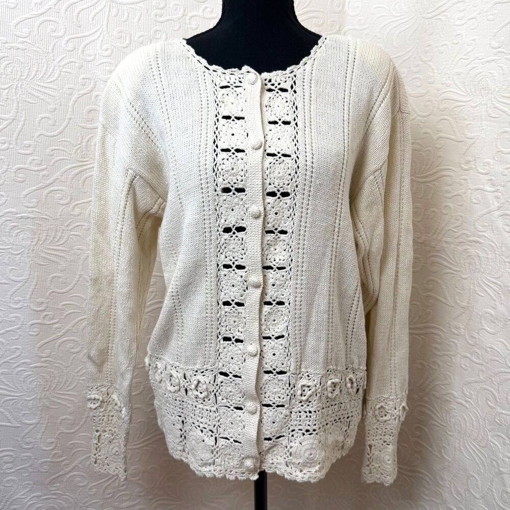 Vintage 90s Crochet Knit Cardigan Sweater Ivory Pointelle Coquette Cottagecore L
